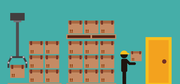 compras emergenciais: ilustração mostra diversas caixas de encomendas empilhadas sendo processadas no estoque